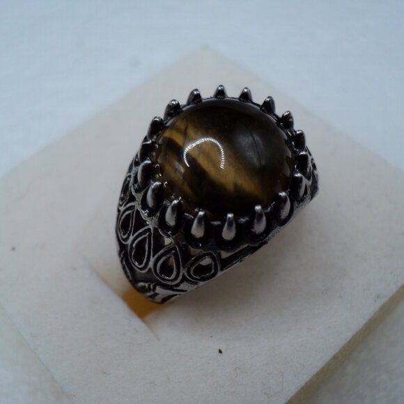 Tigers Eye 12mm oxidized stainless steel ring size 8 POS168 - Picture 2 of 4